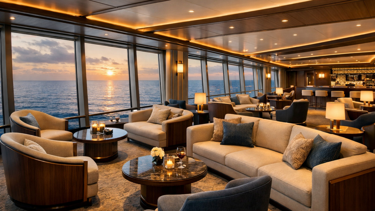 Spacious luxury cruise lounge featuring custom marine furniture designs by CITA Marine.