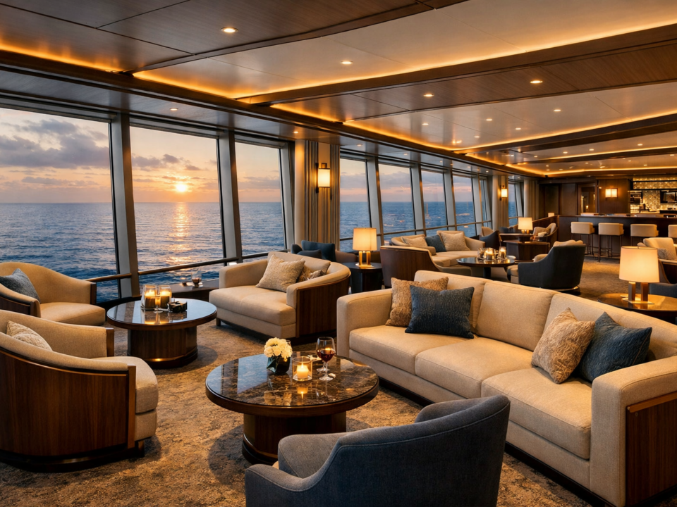 Spacious luxury cruise lounge featuring custom marine furniture designs by CITA Marine.
