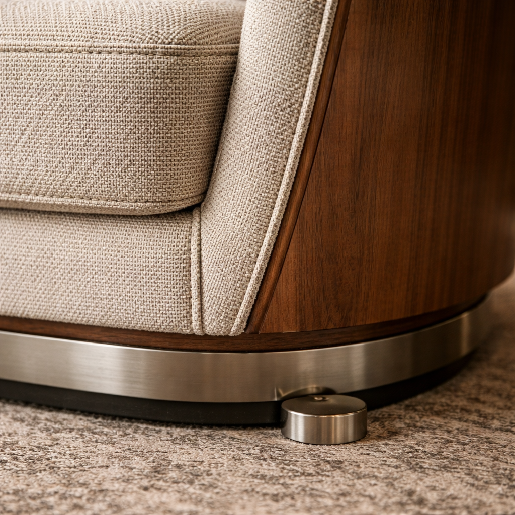 Close-up of marine grade ergonomic seat detailing fire-retardant fabric and stainless steel fixation.