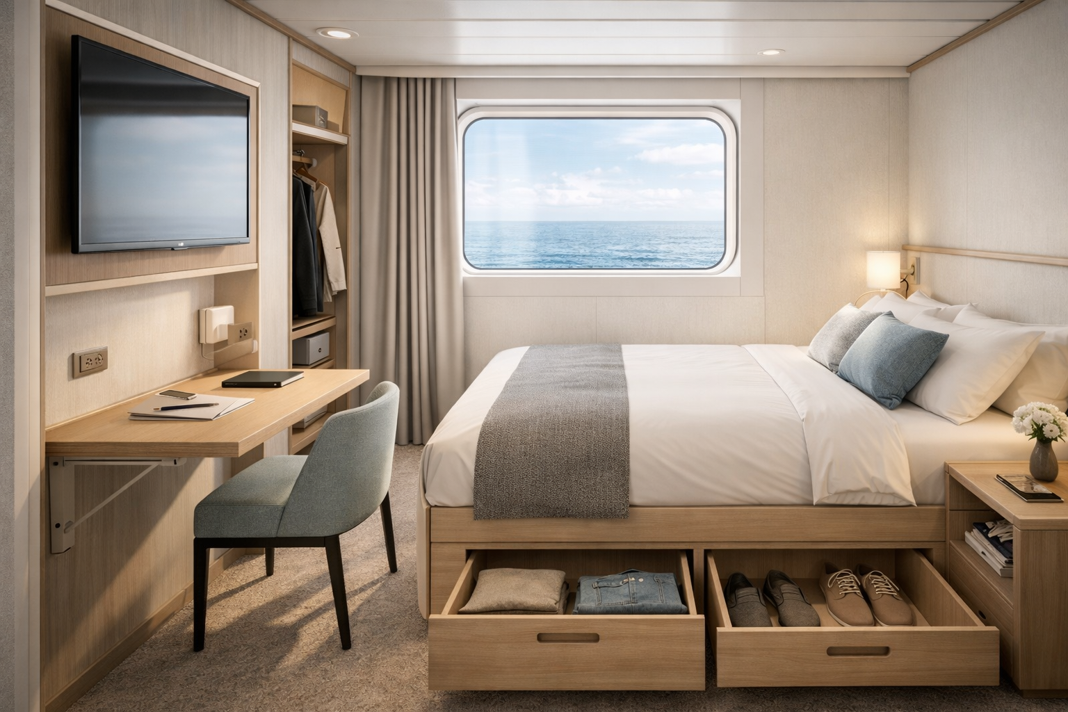 Space-saving cabin furniture and under-bed storage solutions for passenger ferries and cruise ships.